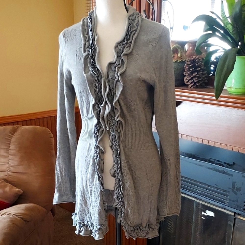 V Cristina Gray Ruffled Cardigan